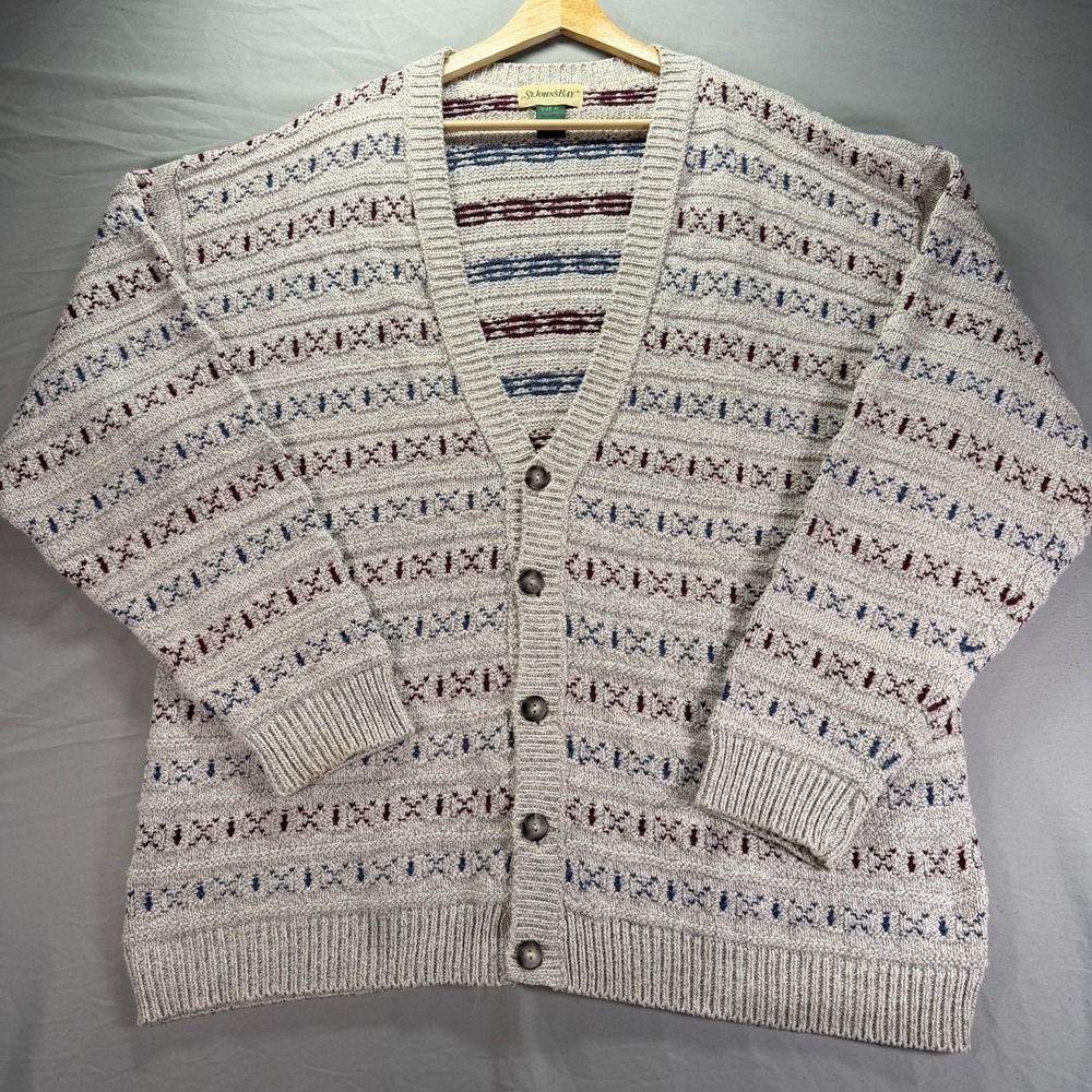 Vintage St Johns Bay Grandpa Cardigan Sweater Men XL Gray Button Made in USA 90s